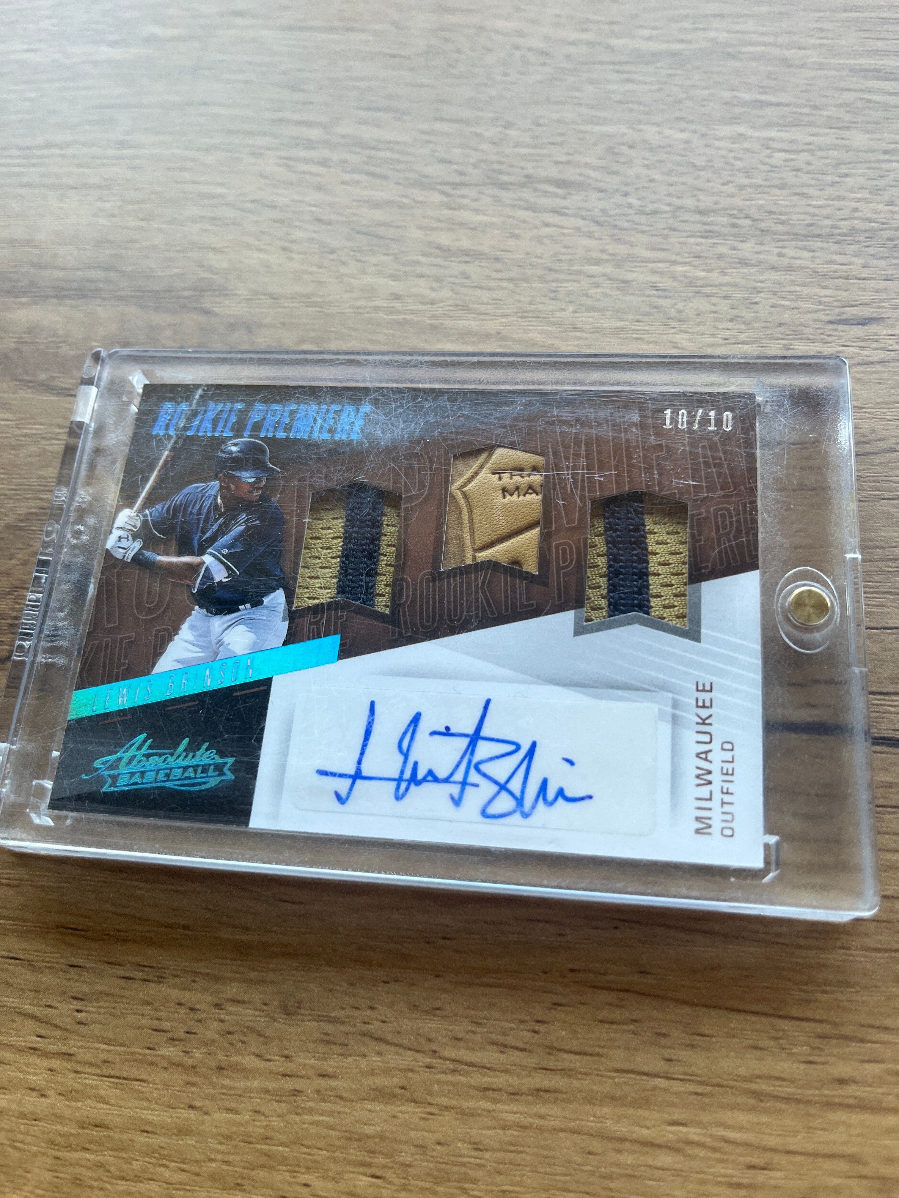 2017 Lewis Brinson Rookie Premiere Patch Auto glove piece /10 Absolute Baseball￼0